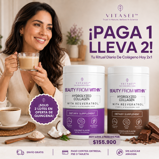 PAGA 1 LLEVA 2: COLÁGENO HIDROLIZADO CON RESVERATROL VITASEI BEAUTY FROM WITHIN - 600 GRAMOS C/U
